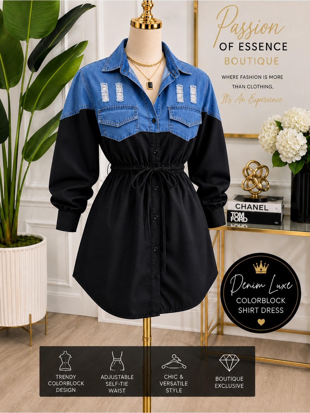 Denim Luxe Colorblock Shirt Dress | Women’s Belted Denim & Black Mini Dress - Picture 4 of 4